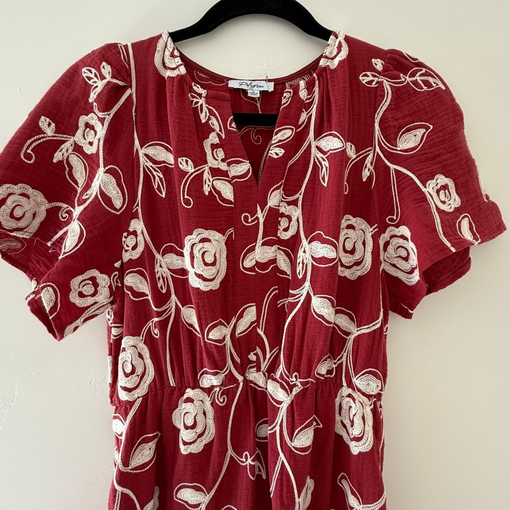 Polagram Burgundy Floral Embroidered Gauze Maxi Dress V-Neck PSD5211 Womens S